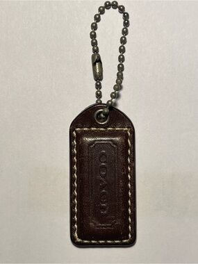 Coach Dark Brown Leather Hang Tag with Ball Chain and Contrast Stitching